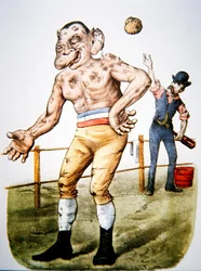 "The Loser" ou "Throwing-in the sponge", desenho animado de luta de prémios publicado por Currier & Ives em 1883 (cor litho)