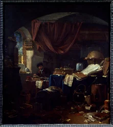 Vista do laboratório de um alquimista Pintura de Thomas Wyck (1616-1677) Caen do século XVII, Museu de Belas Artes.
