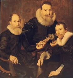 Retrato de grupo de três cavalheiros, de três quartos, sentados com trajes pretos e golas de renda, 1635