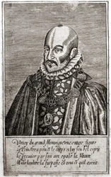 Retrato de Michel de Montaigne (1533-1592), escritor francês. Gravura de Thomas de Leu. (1560-1612).
