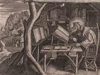 Santo Evagrius Ponticus imerso nos seus estudos, gravura e burina por Tomás de Lieu (1560-1612)