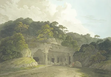 A entrada para a caverna de Elephanta, placa 58 de &39;Oriental Cenário: vinte e quatro vistas no Hindoostan&39;, publicado 1800