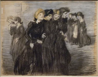 A saída das midinettes (antes de 1907). Teófilo Alexandre Steinlen (1859-1923). Carvão e pastel sobre papel. Musée des Beaux-Arts de la Ville de Paris, PeuPalais.
