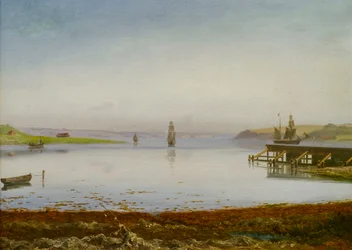 Navios numa baía, possivelmente no fiorde de Horsens, c.1850 (óleo sobre tela)
