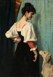 Retrato de uma jovem mulher com o cão Puck