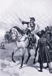 Pedro o Grande na batalha de Pultowa, ilustração de Landmarks in European History publicada pela Gresham Publishing Co, c.1920 (litho)