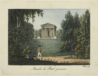 O templo de Paulo I ou o mausoléu de Paulo I no parque de Pavlovsk, década de 1810.