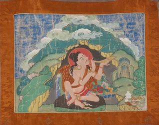 Mahasiddha Krishnacharya, de um conjunto parcial de thangkas, início do século 19 (pigmentos minerais em algodão dimensionado; montagem de brocado original)