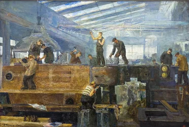Le plan quinquennal - Instalação de turbina por Chernyshev, Tikhon Pavlovich (1882-1942). Óleo sobre tela, tamanho: 75x110