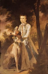 Retrato de John Graham, quando menino, de corpo inteiro, em trajes indianos, segurando uma guirlanda de flores ao redor do pescoço de um galgo ao lado, em uma paisagem.,