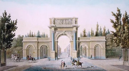 Porte de Guillaume, Bruxelas, de "Choix des Monuments, Edifices et Maisons les plus remarquables du Royaume des Pays-Bas" de Pierre Jacques Goetghebuer, gravado pelo autor, publicado em 1827 (aquatint)