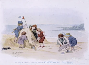 Jogos infantis: crianças construindo um castelo de areia - dess. de Lobrichon, ed. de Phosphatine Falières, v.1920