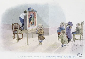 Jogos infantis: espetáculo de marionetes - desenho de Lobrichon, ed. de Phosphatine Falières
