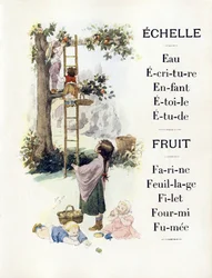 Letras E e F representando crianças cozinhando laranjas, finais do século XIX (cromolitografia)