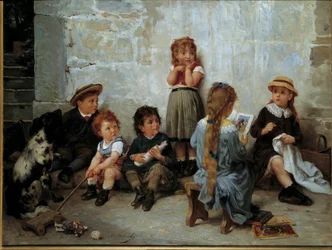 A passagem emocionante: crianças a ouvir um livro. Pintura de Timoléon Lobrichon (1831-1914), século XIX. Coleção particular