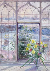 Daffodils e Relógio de Sol Contra a Neve