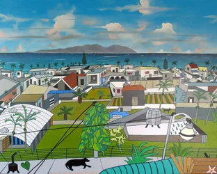 Vista da vila de Dulan, 2016, óleo sobre tela