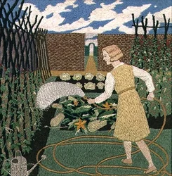 Uma mulher a regar o jardim (trabalho com agulhas)