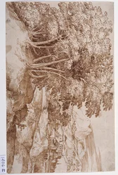 Paisagem com árvores à esquerda e uma cidade ao fundo (caneta e tinta sobre papel)