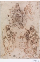 Madona e Menino sentados nas nuvens com santos ou apóstolos (caneta e tinta sobre papel)