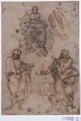Madona e Menino sentados nas nuvens com santos ou apóstolos (caneta e tinta sobre papel)