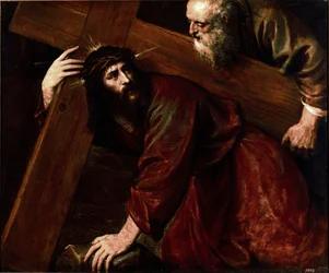 Cristo e Simão de Cirene - Simão de Cirene ajuda Jesus a carregar a sua cruz. Pintura de Tiziano Vecellio, chamado Ticiano (1485-1576)