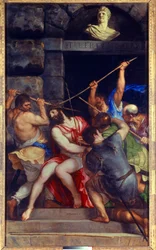 Cristo coroa de espinhos Pintura de Tiziano Vecellio chamada Titian (1485-1576) Sol do século XVI. 3,03x1,8 m