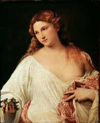 Flora. Pintura de Tiziano Vecellio, chamado Ticiano, cerca de 1515. Dimensões 64 x 80 cm. Galeria dos Uffizi, Florença