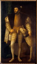 Retrato do imperador Carlos V (1500 - 1558), aos 35 anos, com o seu cão Sampere. Tiziano Vecellio, dito Ticiano (1485-1576)