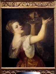 Salomé com a cabeça de São João Batista Em um banquete, Salomé, a bela filha de Herodes Antipas II (21 AC-39 DC), dança e pede a cabeça de João Batista em um conjunto como presente para sua mãe Herodiade. Pintura de Tiziano Vecellio cal