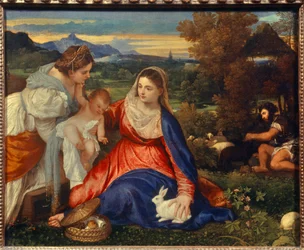 A Virgem e o Menino com Santa Catarina ou a Virgem com o Coelho Pintura de Tiziano Vecellio dit le Titian (1485-1576) 16th Century Sun. 0,71 x 0,87 m Paris,