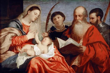 A Virgem e o Menino com os Santos Estêvão, Jerônimo e Maurício - Ticiano (1488-1576). Óleo sobre madeira, c. 1520. Dimensão : 92,7x138 cm. Museu de História de Arte, Vienne