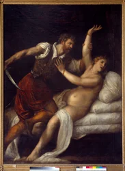 O estupro de Lucrece (? - av. 509) ou Tarquin e Lucrece. Pintura de Tiziano Vecellio conhecido como Le Titian (1485-1576)