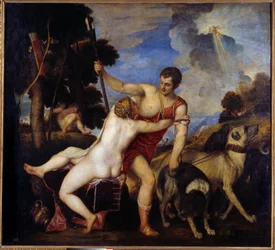 Vénus e Adónis. Pintura de Tiziano Vecellio disse The Titian (1485-1576)