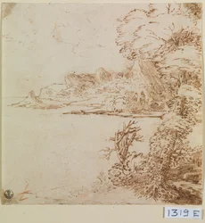 Vista de uma costa montanhosa (tinta sobre papel)