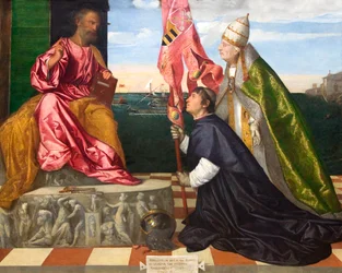 Holandês: Jacopo Pesaro, bispo de Pafos, apresentado pelo Papa Alexandre VI Bórgia a São Pedro Jacopo Pesaro, bispo de Pafos, apresentado pelo Papa Alexandre VI a São Pedro