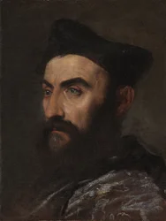 Retrato de um clérigo, busto, com um casaco azul e chapéu preto - um fragmento