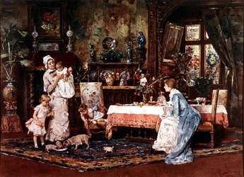 Mãe e filho em um interior elegante