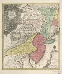 Relevo mostrado pictoricamente. Também abrange a Nova Inglaterra (distorcida) e a região norte de Chesapeake. Título em latim; notas em alemão e latim; legenda em latim, alemão e inglês. Meridiano não identificado. Províncias indicadas pelo col. lavagens; 