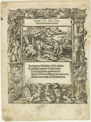 Moisés e a Sarça Ardente (reto) e O Menino Moisés colocado no rio (verso) de Neue künstliche Figuren biblischer Historien, placa 55 de Xilogravuras de livros do século XVI