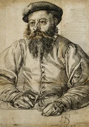 Retrato de um homem barbudo, meio comprimento, sentado a uma mesa,
