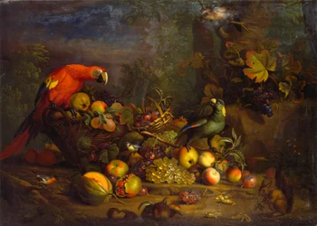 Papagaios e frutas com outras aves e um esquilo
