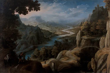 Uma extensa paisagem fluvial montanhosa com a reconciliação de Jacob e Labão, uma cidade fortificada no topo de um penhasco mais além