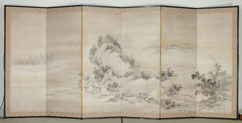 Paisagem, início do século XVII (Par de telas de seis painéis; tinta e ouro sobre
papel)
