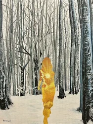 Mulher dourada numa floresta de inverno