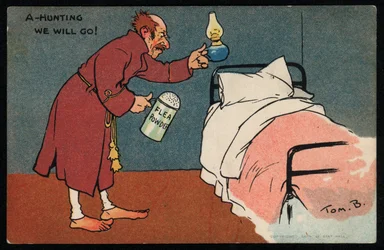 Homem à caça de pulgas na sua cama (chromolitho)