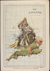 A Modern St George and the Dragon : Uma caricatura política, na forma de um mapa da Inglaterra, satirizando a derrota parlamentar de Gladstone sobre o governo irlandês. St. Stephen