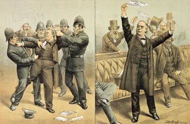 O juramento de Bill passou por cem votos, de &39;St. Apresentação de Revisão de Stephen Cartoon, 24 de março de 1888