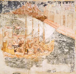 Navegando em direção a Roma, detalhe de Histórias de Santa Úrsula, de Tommaso da Modena (1326-1379), afresco, detalhe, Igreja de Santa Caterina, Treviso