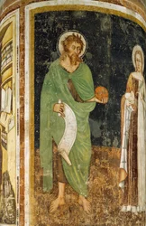 Santa Inês e São João Batista, detalhe da coluna decorada por Tommaso da Modena (1325 ou 1326 - antes de 1379), afresco, Igreja São Nicolau, Treviso, Itália
